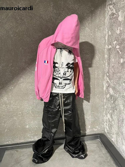 Mauroicardi Spring Autumn Cool Black Shiny Reflective Pu Leather Wide Leg Pants for Men Drawstring Waist Mens Designer Clothes