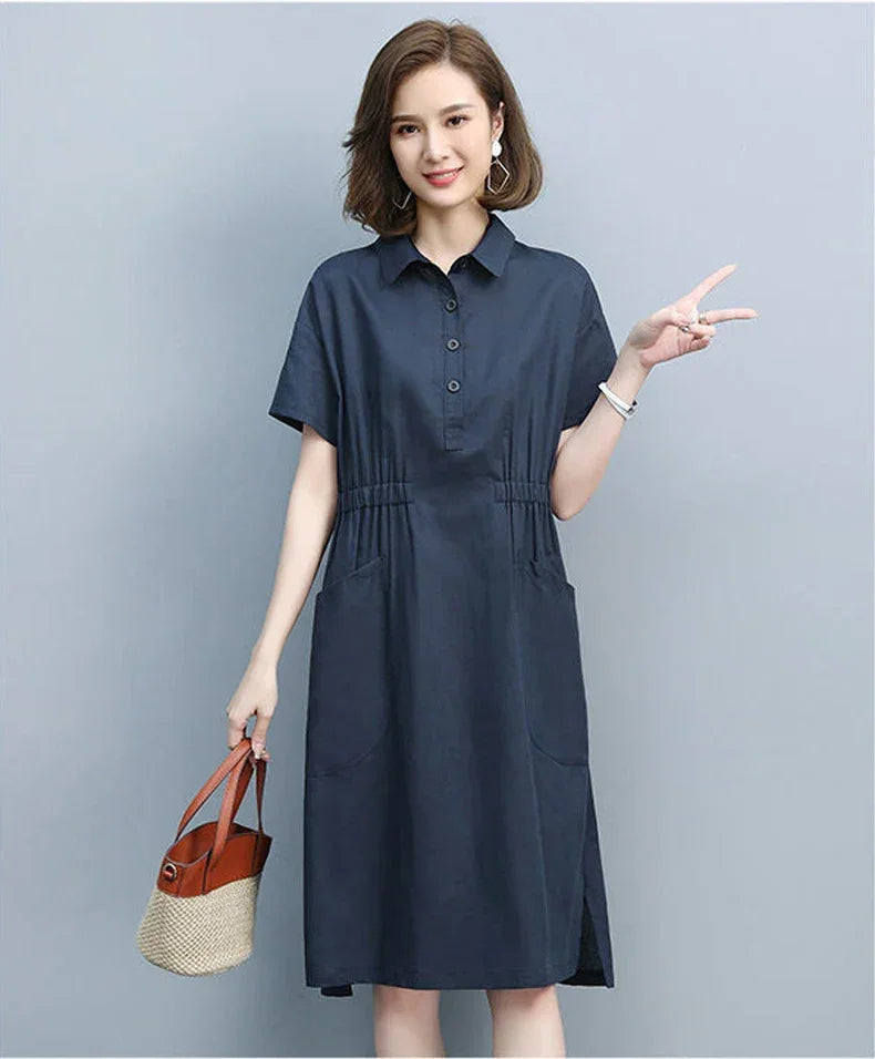 Summer Vintage Dresses for Women 2024 New Casual Loose Cotton Polo Collar Short Sleeve Office Lady Pleated Dresses Vestidos