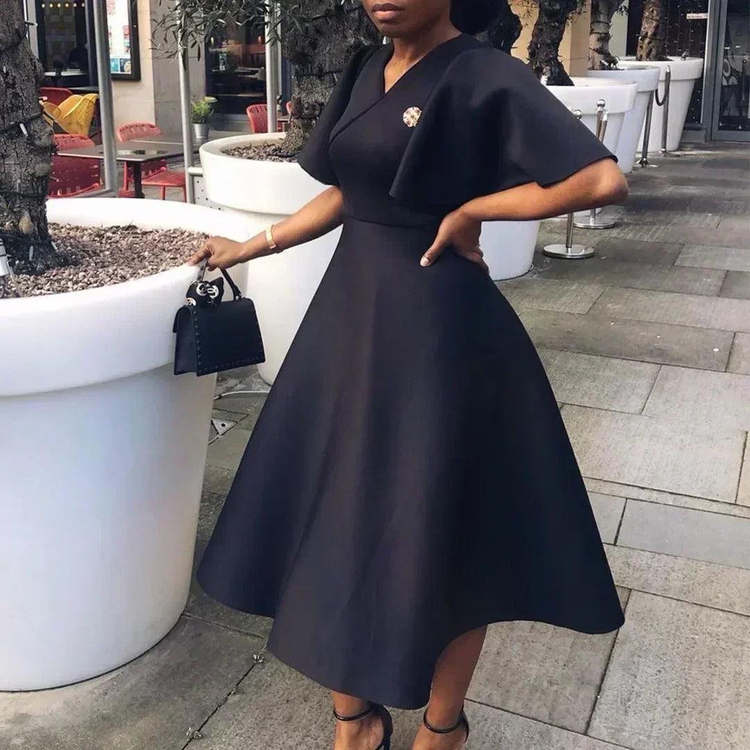 Elegant party dresses for women v neck ruffles sleeve high waisted pleated mid calf luxury birthday dinner vestidos