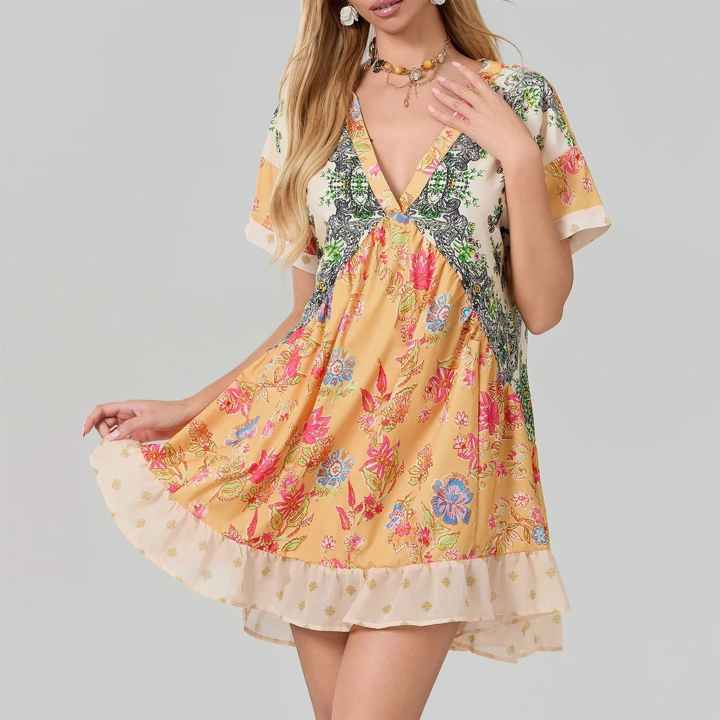 Women Summer Babydoll Dress Bohemian Holiday Vintage Floral Print Short Sleeve Deep V-Neck Flowy Dress with Pockets