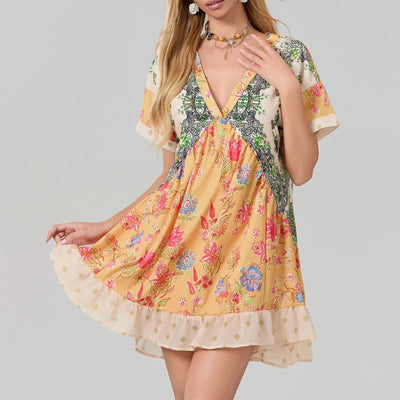Women Summer Babydoll Dress Bohemian Holiday Vintage Floral Print Short Sleeve Deep V-Neck Flowy Dress with Pockets