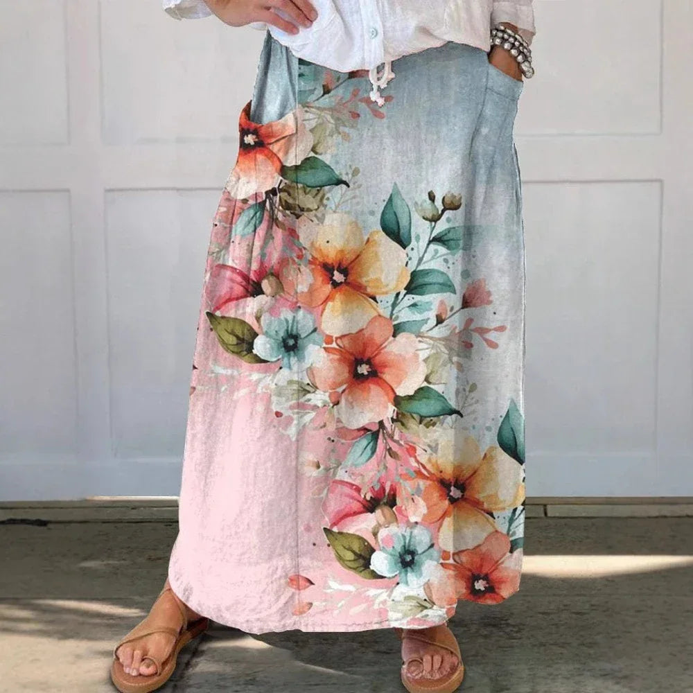 Women‘s Summer Floral Print Skirts Casual Trendy Pleated Skirts with Pockets Elastic High Waist Flowy Loose Skirts Holiday Dress