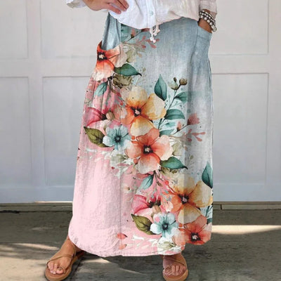 Women‘s Summer Floral Print Skirts Casual Trendy Pleated Skirts with Pockets Elastic High Waist Flowy Loose Skirts Holiday Dress
