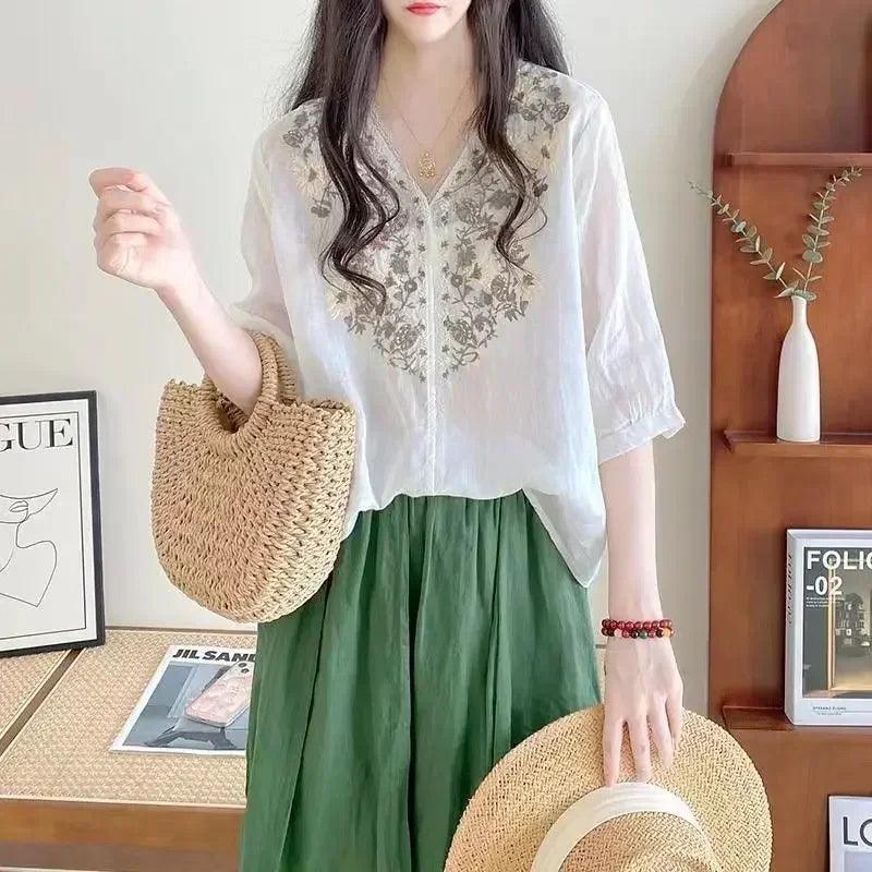 Women’s clothing linen blouse white v-neck embroidered shourt sleeve loose fit artistic casual feminine fashion