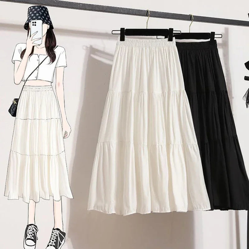 A-line Skirt High Waist Casual Slimming Cake Skirt Versatile Mid Length Dress Youthful Women New In Clothes Sweet Black Trend