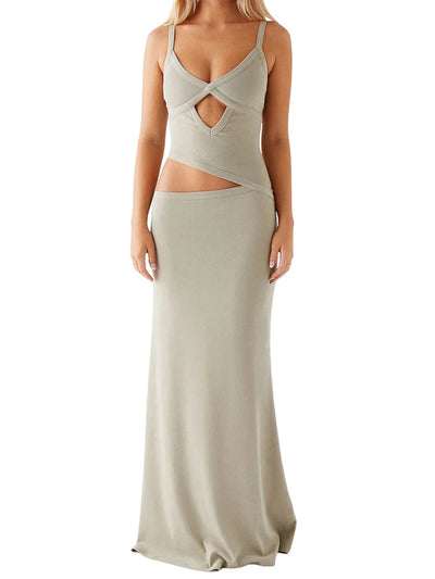 Women Slip Dress Summer Elegant Sleeveless V-neck Backless Hollow Out Bodycon Long Dresses Maxi for Party Cocktail Prom Club