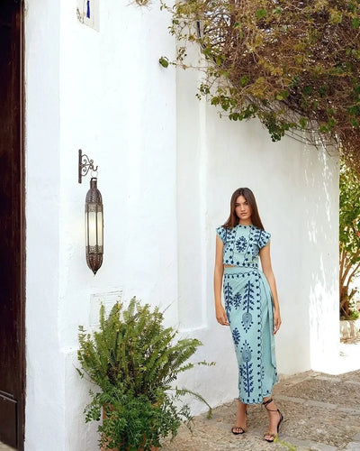 Cotton Linen Print Top Two Piece Set For Women