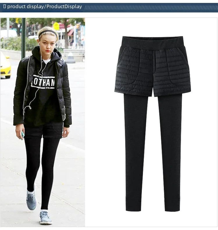 Winterfleece-lined Women's Tights Two-piece Illusionshorts Autumn/winter Thickened Cotton Wadded Trousers Warm Leggings