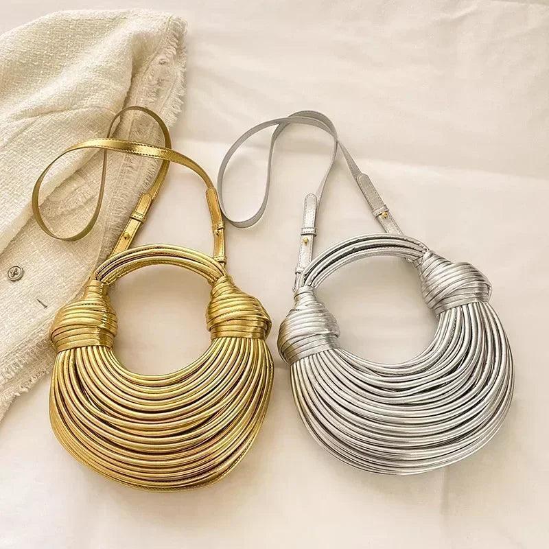 Handbags for women 2024 new gold luxury designer brand handwoven noodle bags rope knotted pulled hobo silver evening