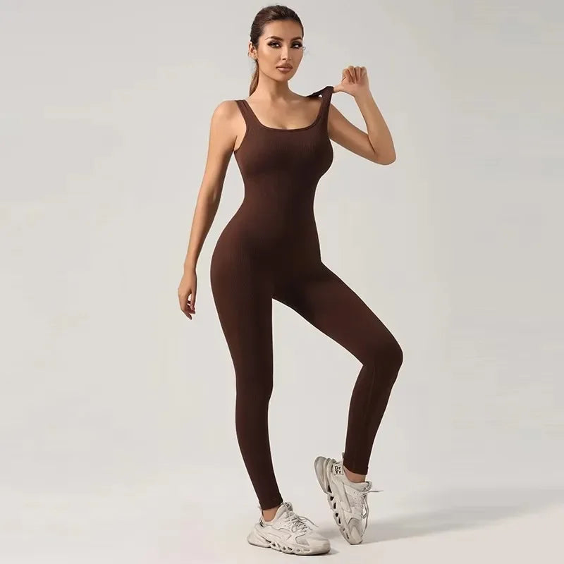 Women's Seamless Yoga Jumpsuit with Suspenders – Tight-Fit Long Leggings