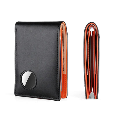 Genuine leather men’s card holder wallet with orange interior and magnetic closure