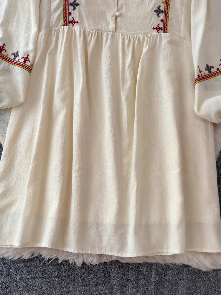 European American Style Women's New Cotton Linen 2024 Fashionable Lace Up Waist Slimming Patchwork Embroidered Short Dress A132