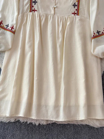 European American Style Women's New Cotton Linen 2024 Fashionable Lace Up Waist Slimming Patchwork Embroidered Short Dress A132