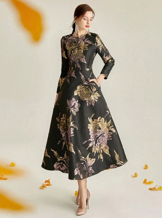 Luxury Women Long Maxi Jacquard Dress Spring Autumn Boho Floral Fashion Clothing Ladies Party Evening Ball Gown