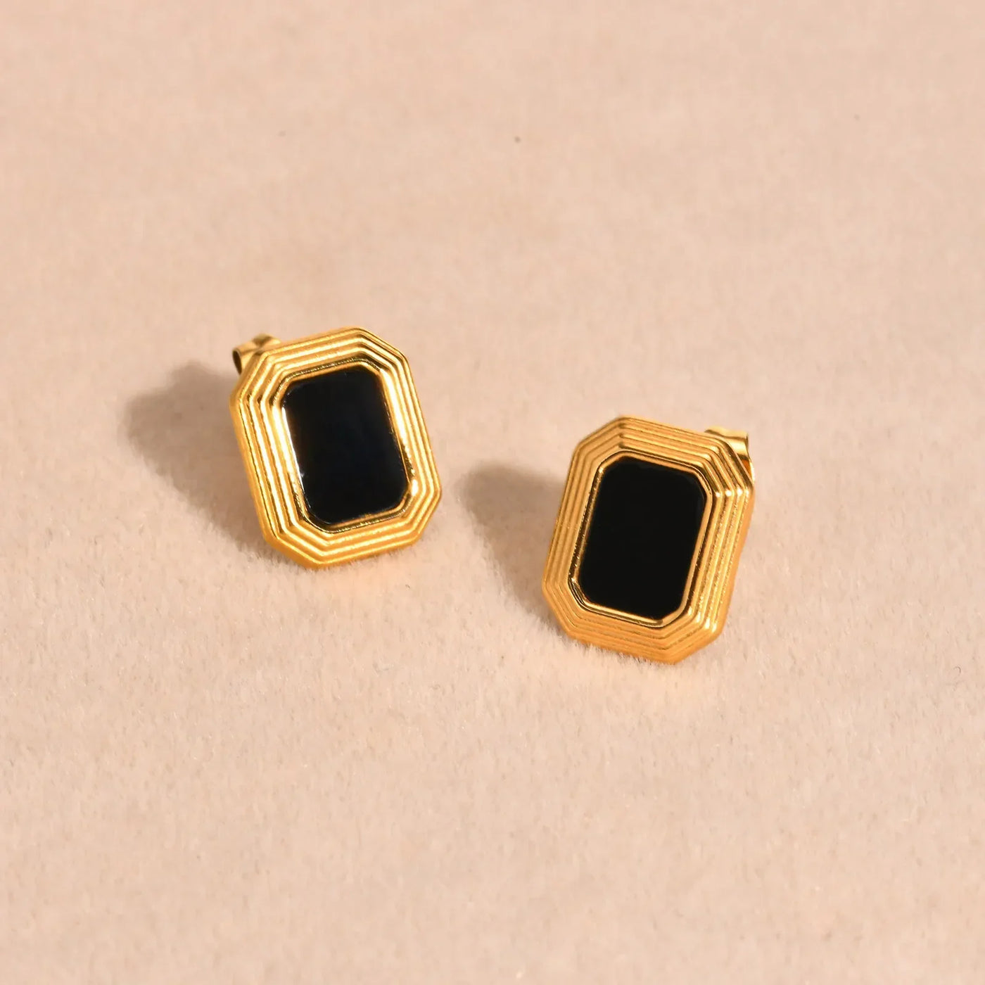 Rectangular Stud Earrings for Women, 18K Gold Plated Statement Earring, Stainless Steel Black Nature Stone Ear Jewelry