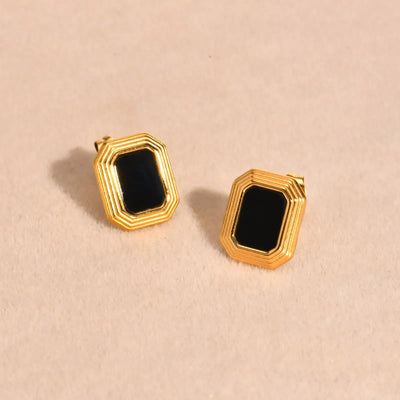 Rectangular Stud Earrings for Women, 18K Gold Plated Statement Earring, Stainless Steel Black Nature Stone Ear Jewelry