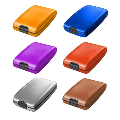 Aluminum RFID blocking card holder wallet case in orange, purple, blue, brown