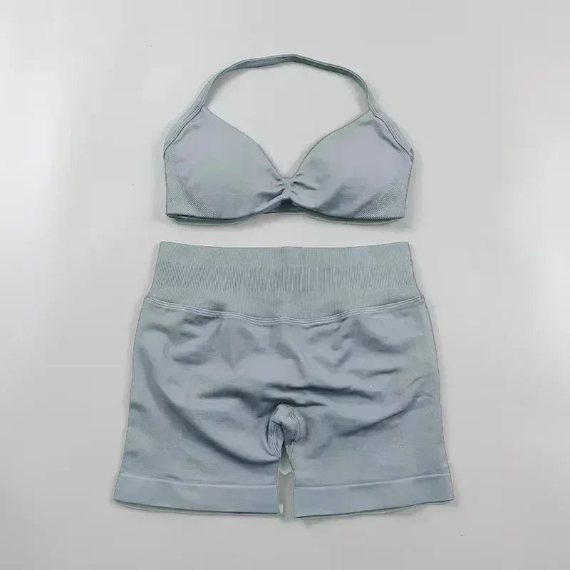 European American Ins 2025 2PCS Yoga Gym Set Women Seamless Yoga Bra High Waist Workout Scrunch Shorts Suit Fitness Sportswear
