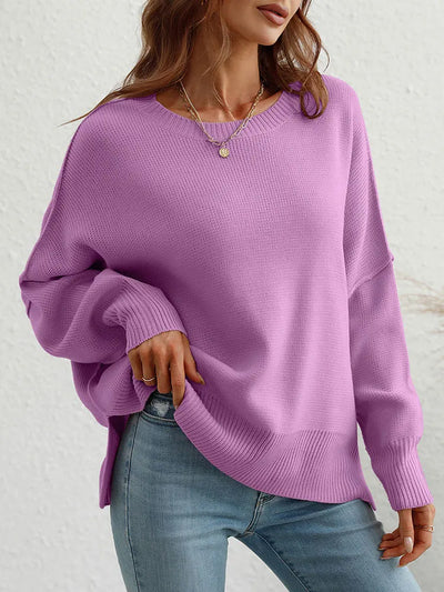 Fashion Oversized Sweaters For Women 2025 Autumn Loose O Neck Knit Sweater With Split Pull Knitted Pullover Women Oversize Grey