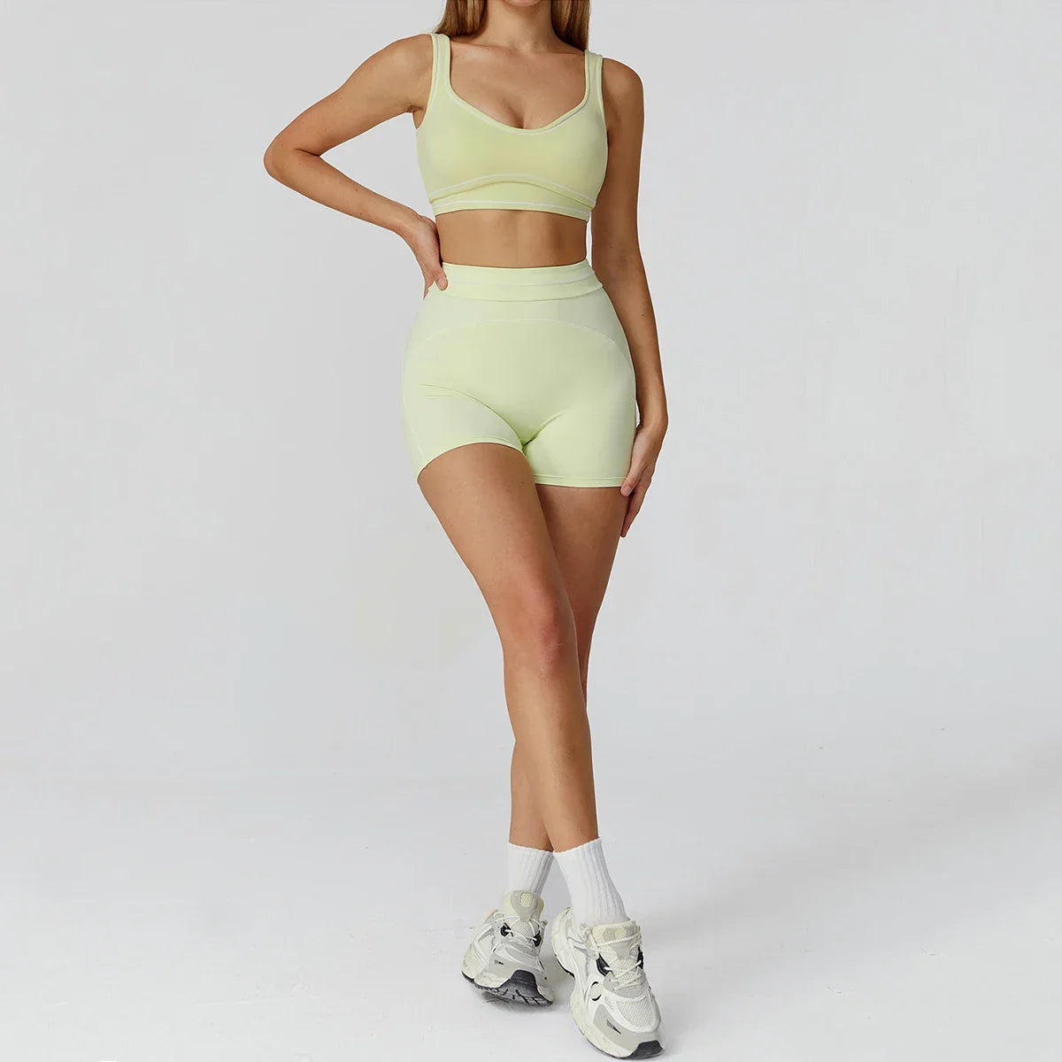 Hearuisavy 2Pcs Women Tracksuit Double Shoulder Straps U-Back Sports Bra High Waist Yoga Leggings Cycling Running Fitness Shorts