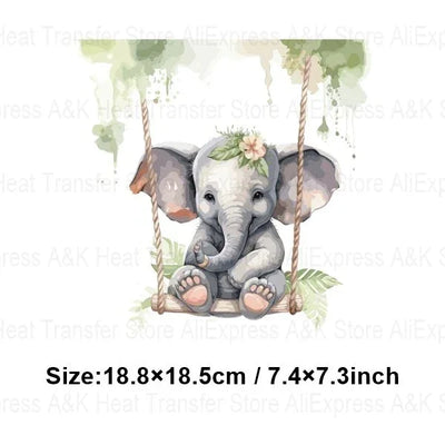 Baby Animal On Swings Heat Transfers For Kids Clothing Elephant Tigers Lion Stickers On Clothes Diy Thermal Patches Decals