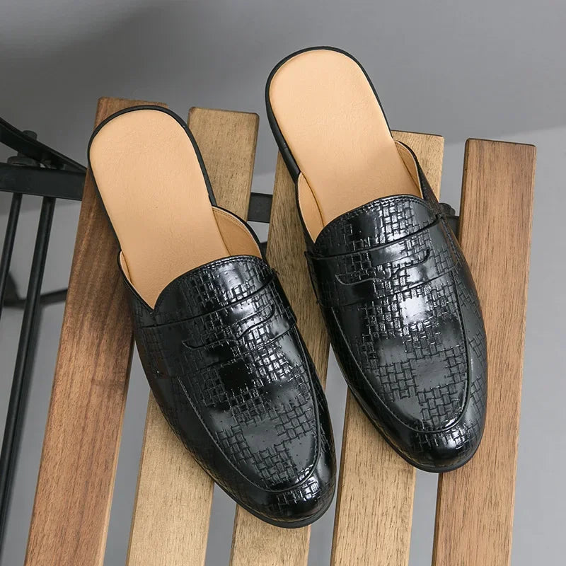 Britain New Men's Loafers Luxury Business Half Shoes for Male Patent leather Mules Non-slip Outdoor Summer Moccasins