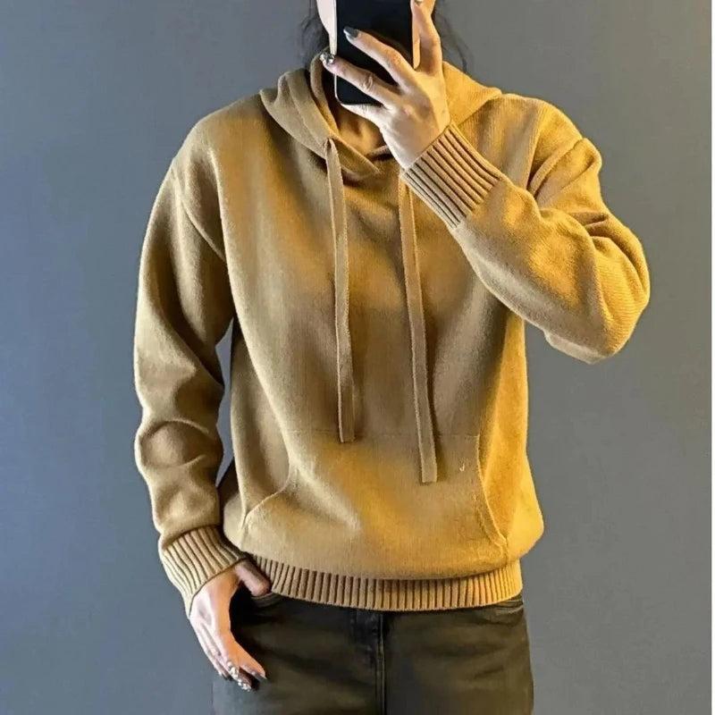 Hooded Pullover Sweater For Men Casual Daily Wear Solid Color With Front Pocket Computer Knitted Design