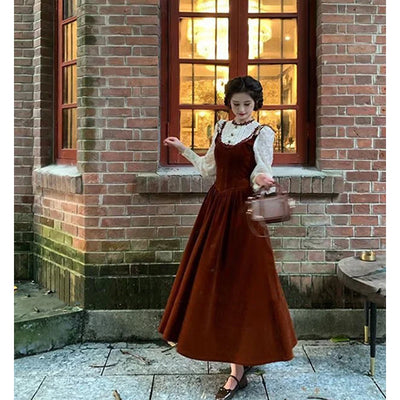 Vintage Velvet Midi Dress Women Elegant Lace Patchwork Dresses Autumn Harajuku Korean Puff Long Sleeve Bodycon Design Vestidos