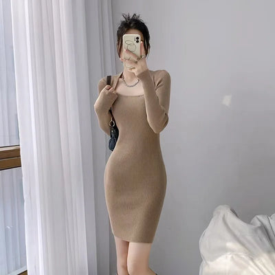 Knitted Dress for Women in Autumn and Winter New Style High-end Sexy Slim Waist Long-sleeved Inner Wear, Hip-hugging Short
