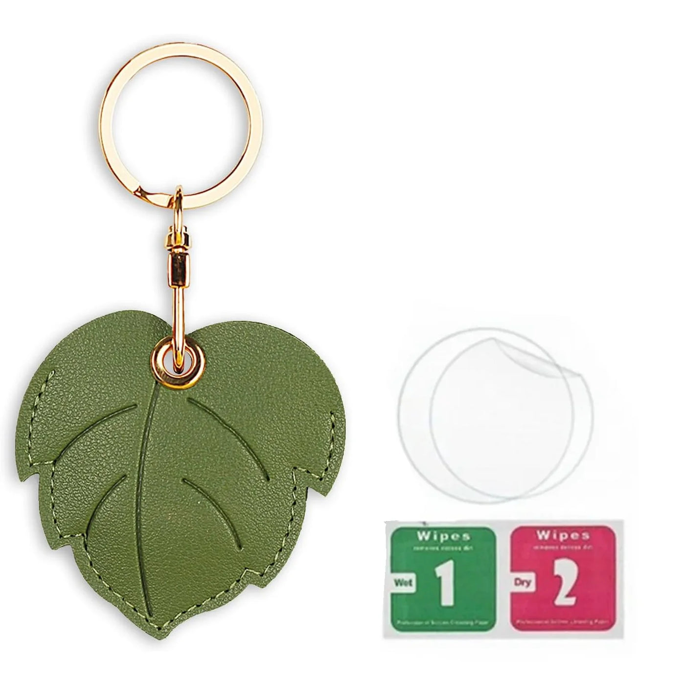 Green leaf-shaped leather AirTag keychain with hand straps and gold hardware