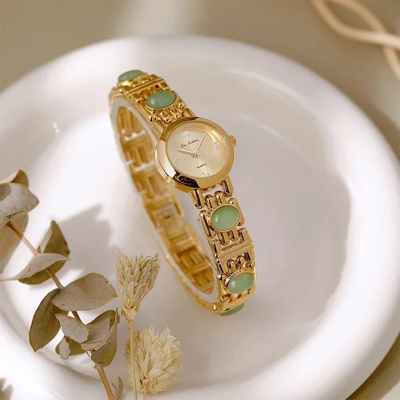 2025 High-End Vintage Woman Watches Fashion Elegant Natural Jade Stones Quartz Watch Retro Waterproof Hand Clock Gifts