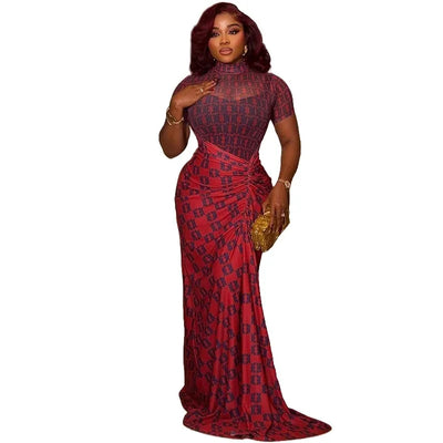 Women Turtleneck Elegant Short Sleeve Maxi Dress Outfits Casual Fashion Bodycon Sheer Pleated Long Dresses Vestido