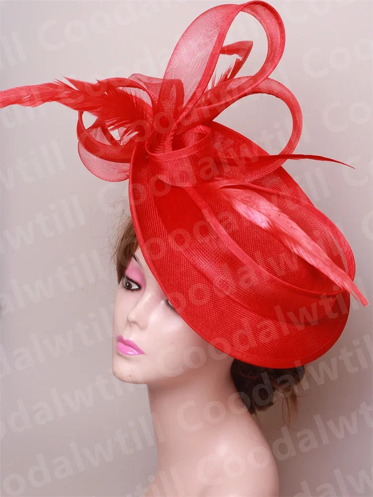 Royal Ascot Red Hair Fascinator Veils Hat Women Church Wedding Fascinaors Hat Headband Feather Derby Headpiece Ladies Chapeau