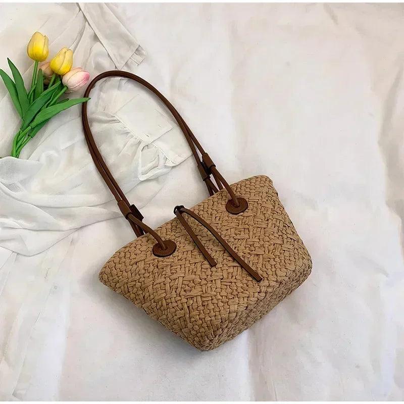 Designer bohemian chic shoulder bag,solid color large capacity straw woven tote bag,nature-inspired beach vacation