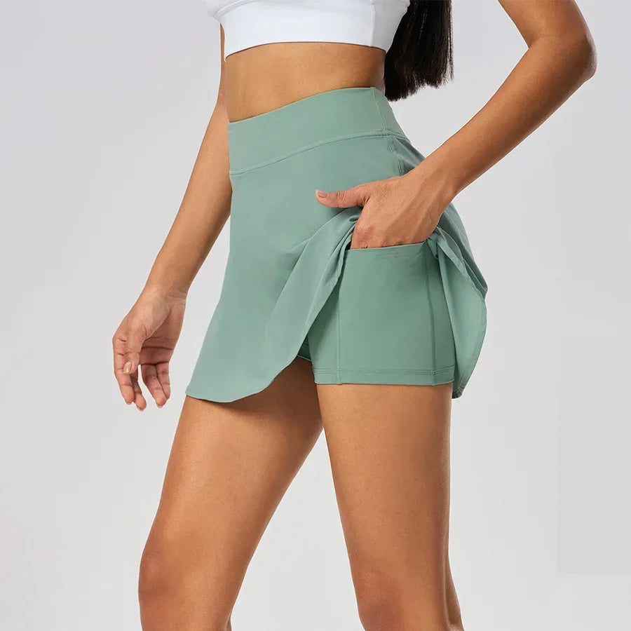 Women Sports Skorts High Waist Tennis Skirt With Pocket Fitness Running Athletic Golf Culotte Gym Sportswear Shorts