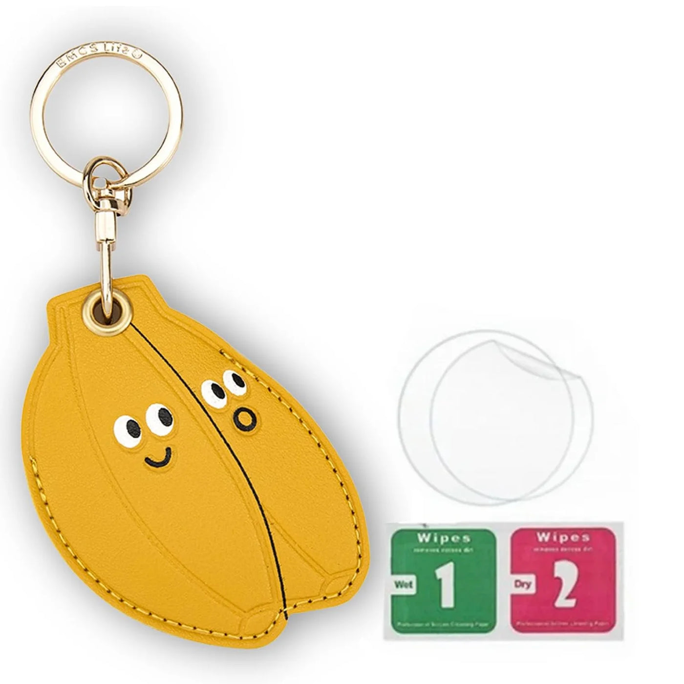 Yellow banana keychain with smiling face and hand straps for AirTag