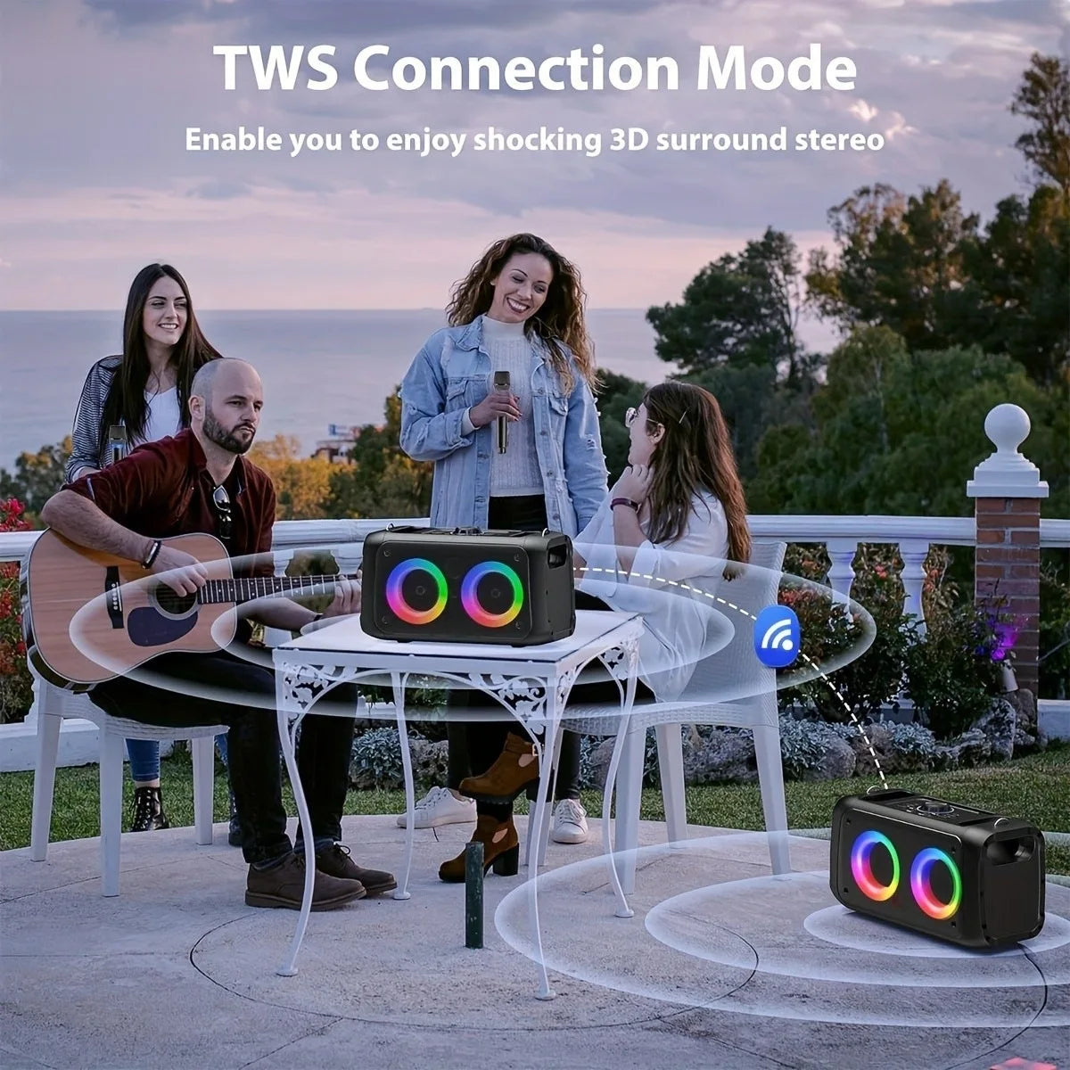 Portable wireless speaker (with subwoofer and wired microphone dual speaker), RGB party light, 2400mAh battery, supports TWS