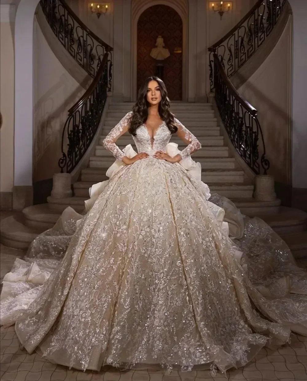 Wedding dress glitter sequins beading appliques cathedral bridal gown