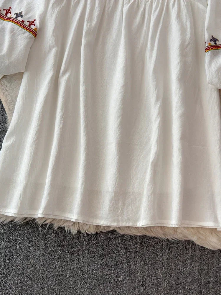 European American Style Women's New Cotton Linen 2024 Fashionable Lace Up Waist Slimming Patchwork Embroidered Short Dress A132