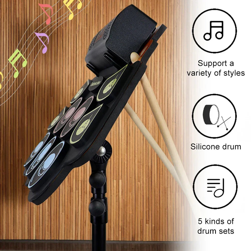Electronic Drum Set With Drum Sticks Pedals Music Drums 9 Pad Roll-Up Drum Musical Electronic Drums Instrument For Kids Adults