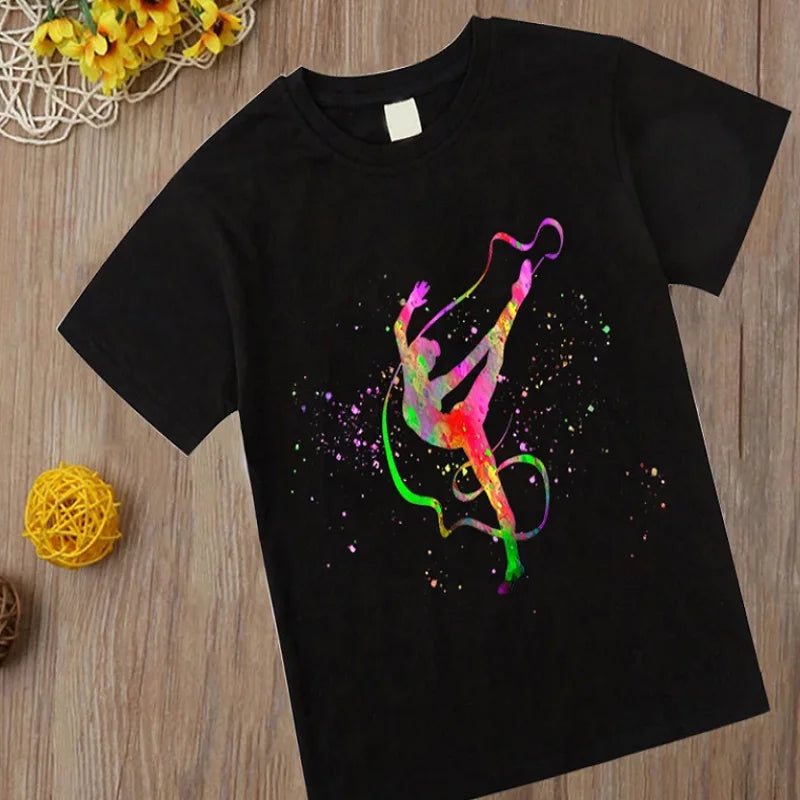 Watercolor Gymnastics Girl Printed Cute Children's T-shirt Children's Black T-shirt Exercise Enthusiast Birthday Gift