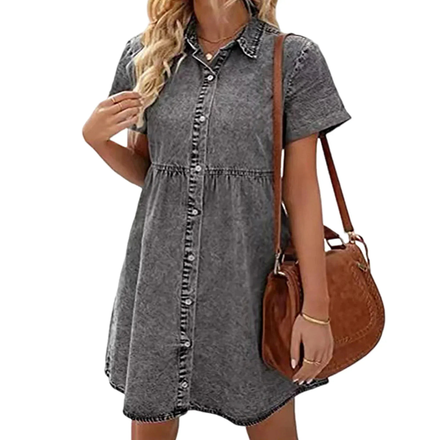 Women Babydoll Dress Stylish Women's A-line Denim Mini Dress with Short Sleeves Button-down Detail for Dating Commuting Parties