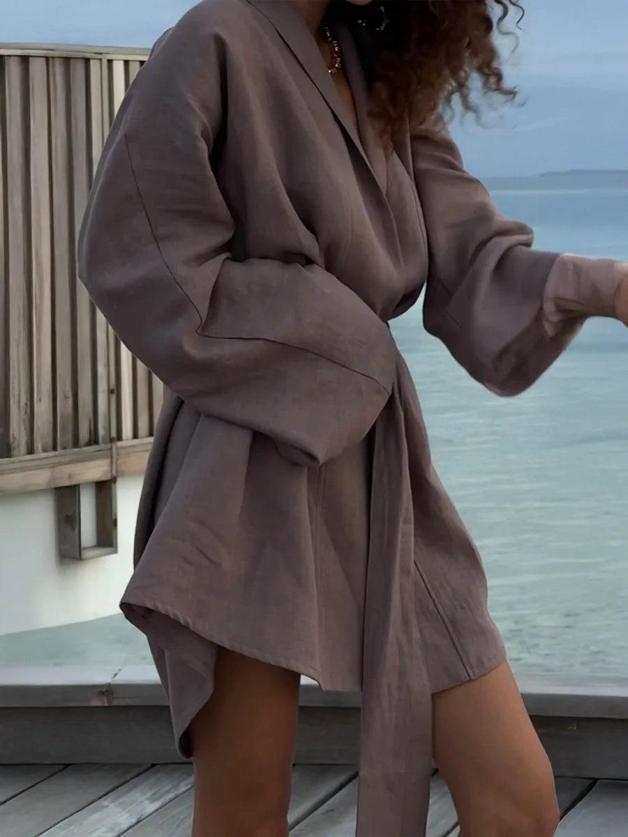 Elegant cotton linen v-neck beach dress 2025 spring and summer women fashion soft comfortable loose lace vacation casual