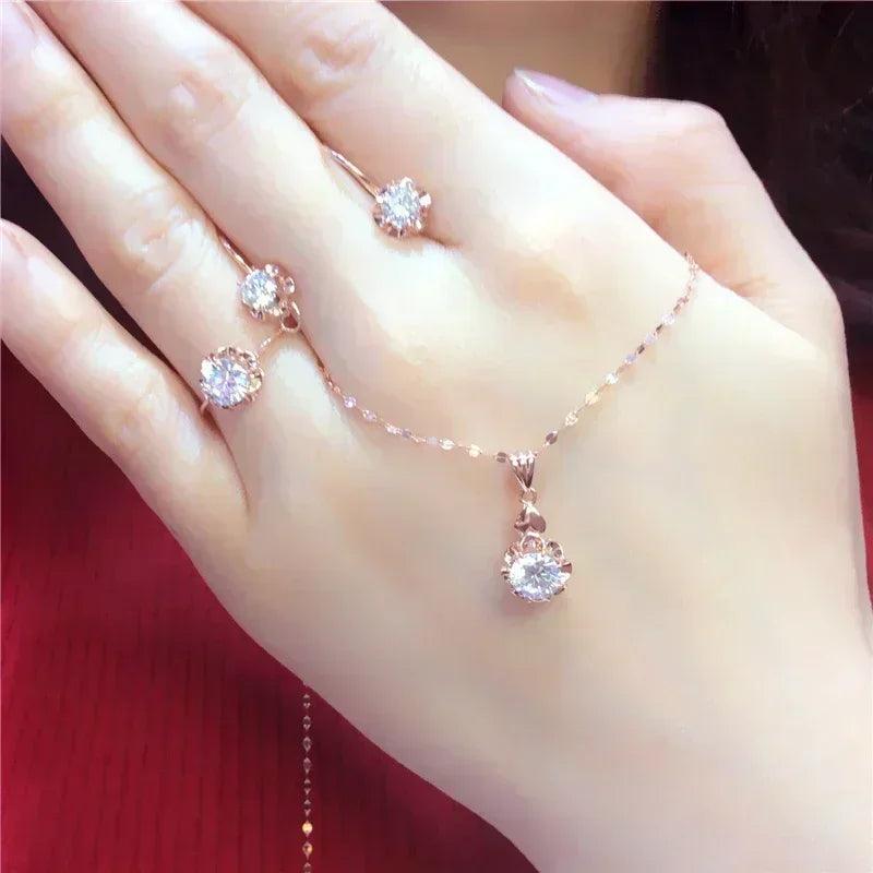 White shiny flower jewelry set plated rose gold earrings for women charms rings necklace elegant light luxury necklaces