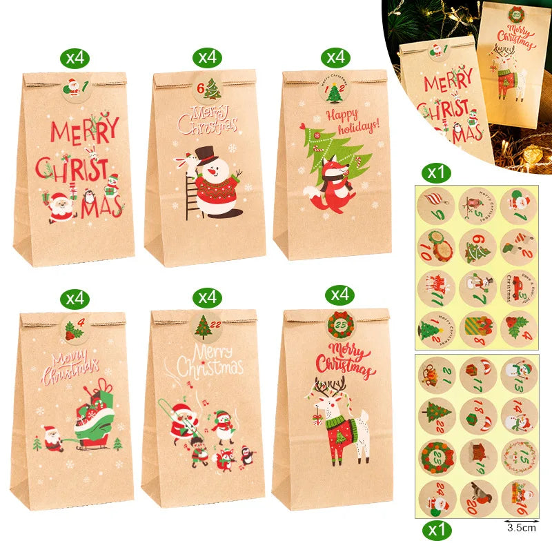 Christmas Gift Bags Kraft Paper Bag Candy Cookie Packaging Pocket Xmas Advent Calendar Digital Sticker Packing Supplies 24pcs