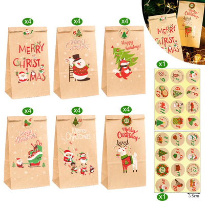 Christmas Gift Bags Kraft Paper Bag Candy Cookie Packaging Pocket Xmas Advent Calendar Digital Sticker Packing Supplies 24pcs