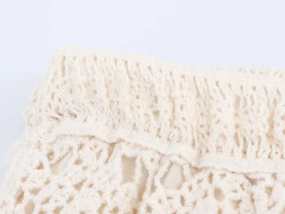 Summer Bohemian Women Loose DRESS Suits Hook Flower Hollow Out Bat Sleeve Shirt+Tassels Drawstring Bodycon Skirt Vacation Sets