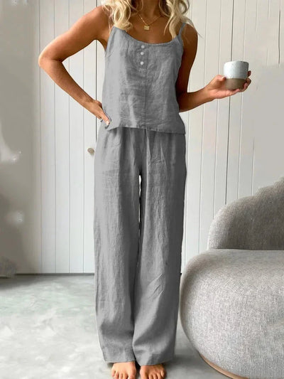 Cotton Linen Women's Suit Slip Vest Wide-leg Pants Suits Female Fashion Casual 2 Piece Sets Home Casual Clothes Ladies Sets 2025