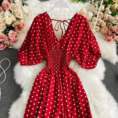 V Neck Sexy Dolman Sleeves Waist Slim Polka Dot Print Jumpsuit Women Wide Leg Trousers Jumpsuit
