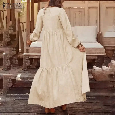 Vintage Cotton Linen Long Sleeve Dress Women Casual Autumn Maxi Robe V Neck Tiered Loose Vestido